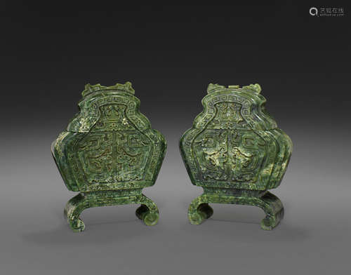 Two spinach jade vases and covers