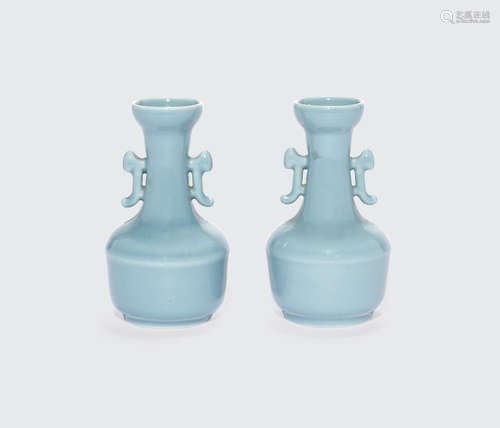 Yongzheng marks, late Qing/Republic period A PAIR OF SMALL CLAIR-DE-LUNE GLAZED VASES