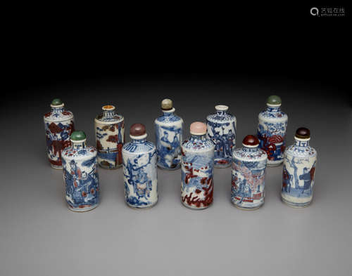 19th/early 20th century A group of ten copper-red and underglaze blue decorated porcelain snuff bottles