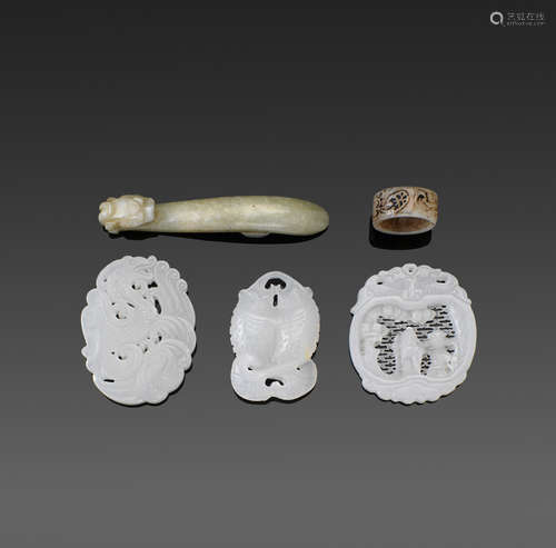 A group of five jade, hardstone and glass carvings