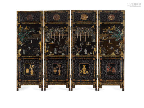 A four-panel black lacquer and jade decorated screen