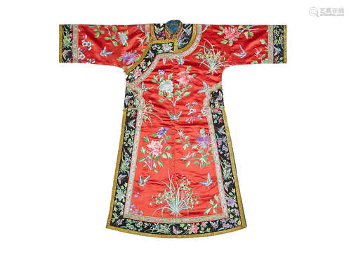 Late Qing dynasty A Manchu woman's embroidered red silk informal robe