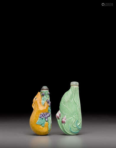 Late 19th century Two molded and enameled porcelain snuff bottles