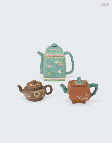 a group of Three enamel decorated Yixing teapots