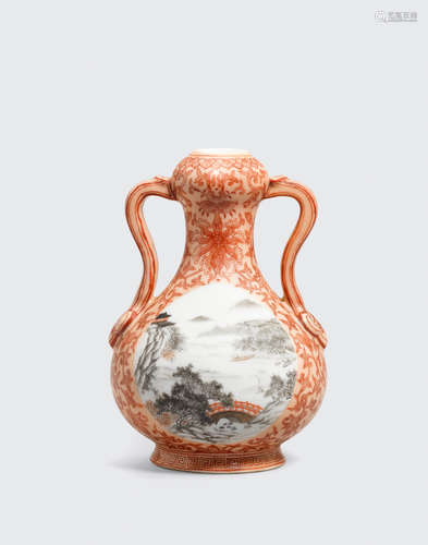 Daoguang mark, Republic period a coral red and grisaille enameled vase