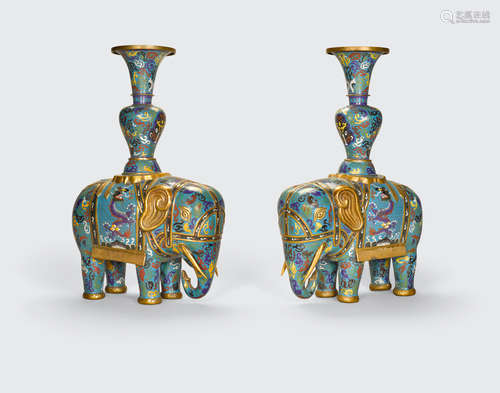 20th century A pair of cloisonné enameled elephants