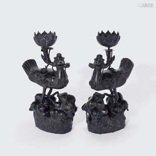 17th century A pair of cast bronze duck-form candle prickets