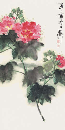 谢稚柳 芙蓉花 立轴 设色纸本