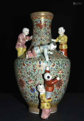 Qianlong Mark, A Green Ground Famille Rose Vase