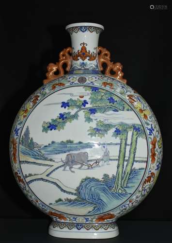 Qianlong Mark, A Blue and Famille Rose Moonflask