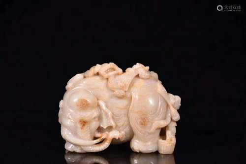 A Carved Hetian Jade Elephant and Children