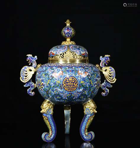 Qianlong Mark, A Bronze Cloisonne Tripod Censer