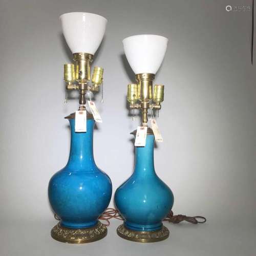 A Pair of Blue Glazed Porcelain Lamps