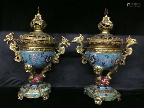 A Pair of Bronze Cloisonne Censers