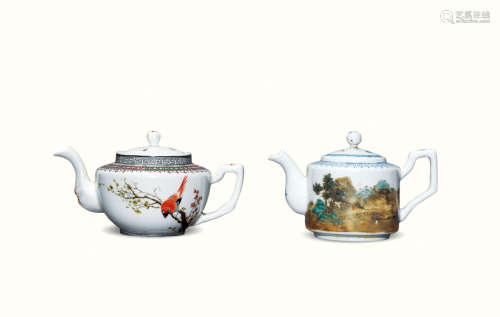 民国 粉彩花鸟、山水茶壶 （两把）