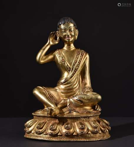 Milarepa. Tibetan or Chinese gilt bronze Buddha statue.