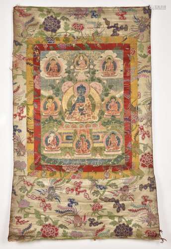 Eight Medicine Buddhas. Old and fine Tibetan thangka painting.