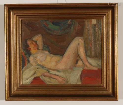 Lying Act. Painting by Carl Wiederhold, oil on canvas, signed