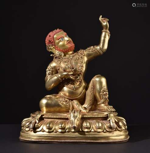 Mahasiddha Virupa. Impressive Tibetan or Chinese gilt Buddhist bronze statue.