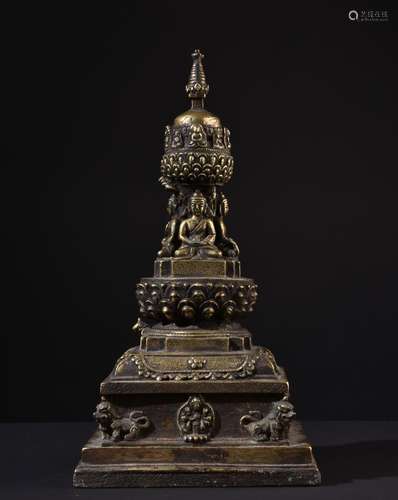 Buddhist Stupa with Buddha depictions. Gilt Tibetan / Nepalese bronze statue.