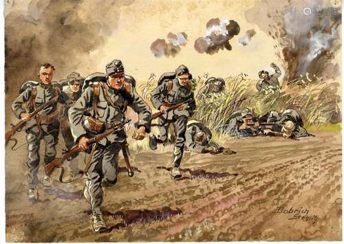 Austrian infantry in attack 1914. Watercolor