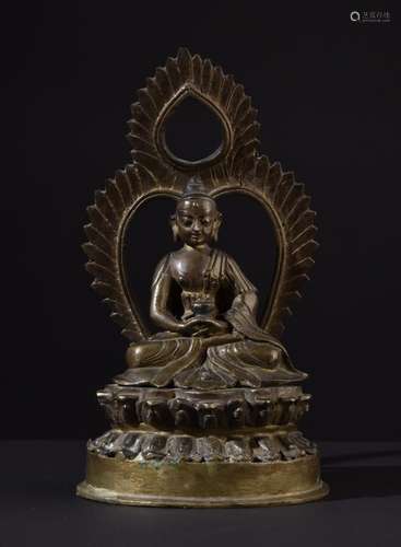 Buddha Amitabha. Ritually filled antique Tibetan / Nepalese bronze statue. Painted.