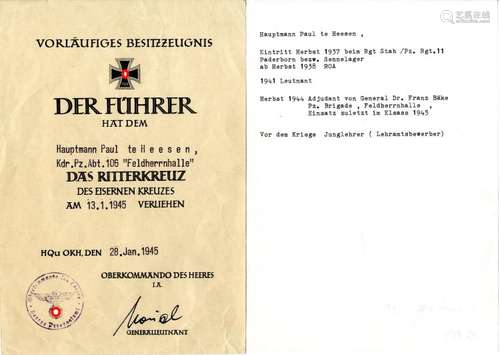 Feldherrenhalle. Provisional possession certificate to the Knight's Cross of the Iron Cross for the Captain Paul te Heesen. Autograph.