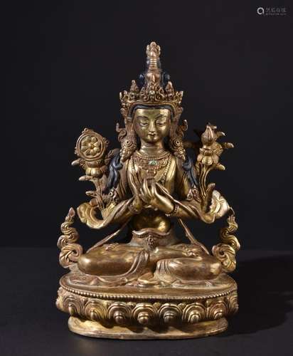 Buddha Maitreya. Old Tibetan or Chinese gilt bronze statue.