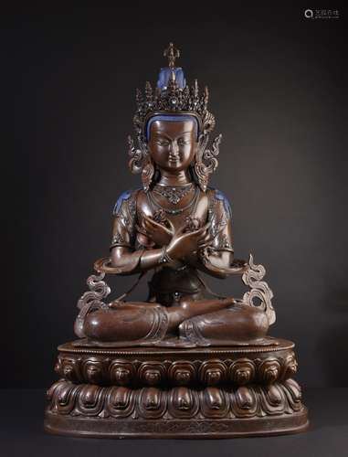 Buddha Vajradhara. Impressive, tall Tibetan or Nepalese copper bronze statue. Silver inlays.