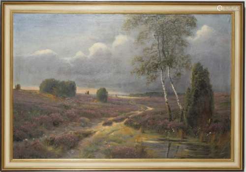 Lonely heath path. Painting, on the lower right hardly legible signed 
