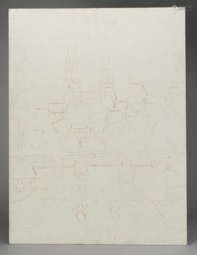 Blick vom Lübecker Malerwinkel an der Obertrave auf die Altstadt mit St. Petri und Marienkirche. Farbstift auf Hartfaser. 60 x 80 cm. Gemalt von Werner Reuter (1902 - 1962). R. war ein bekannter Lübecker Maler, der dort und an der Kunstakademie München studierte. Weitere Angaben liegen bei.