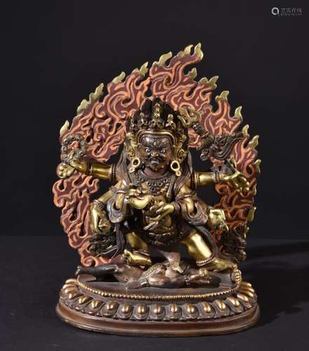 Shadbhuja Mahakala. Rare Tibetan or Chinese gilt Buddha statue.