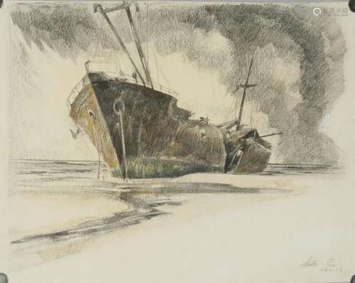 Destroyed freighter. Chalk drawing by Willy Müller-Gera