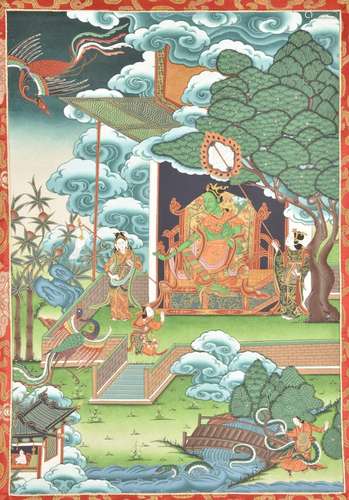 Green Tara protecting from the fear of snakes (jealousy). Rare Tibetan thangka painting.