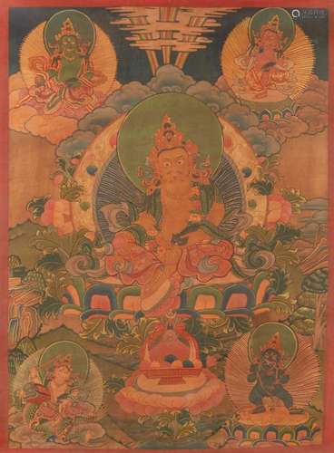 Five Jambhalas. Tibetan or Nepalese Buddhist thangka painting.