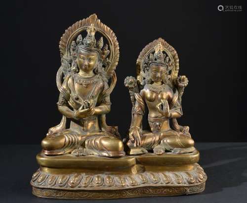 Buddha Vajradhara and Sita-Tara. Important, antique Tibetan or Chinese Buddhist gilt double figure.