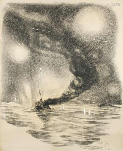 Naval battle in the canal. Drawing by Willy Müller-Gera, pencil and charcoal on thick paper, heightened with white. Signed lower right, dated 22/7 / (19) 42 and inscribed, 93 x 114 cm. Described in detail in detail on the reverse. Later inventory no. of the US seizure