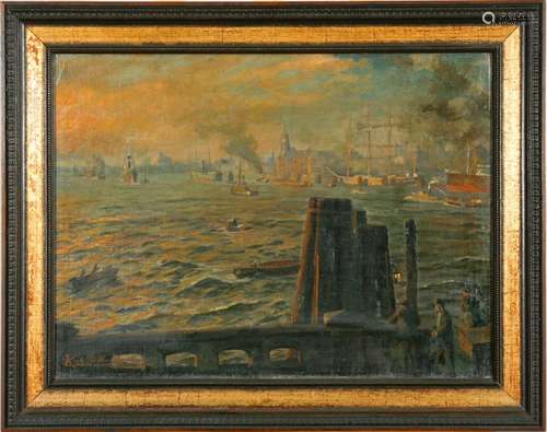 View into the port of Hamburg. Painting by Karl Josef Müller