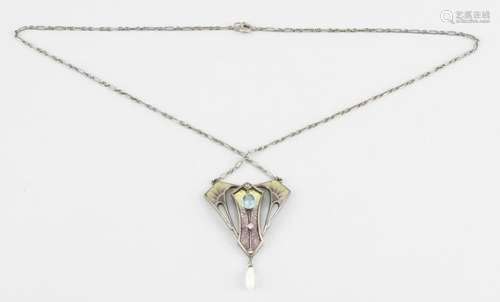 Art Nouveau pendant, France 1905-1910. Silver, enamel, window enamel, glass, winged pearl.