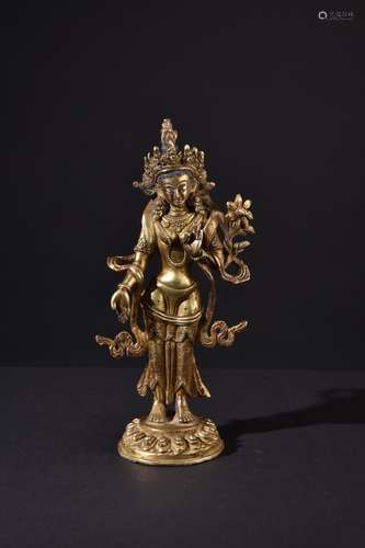 Standing Tara. Tibetan or Chinese gilt Buddha statue.