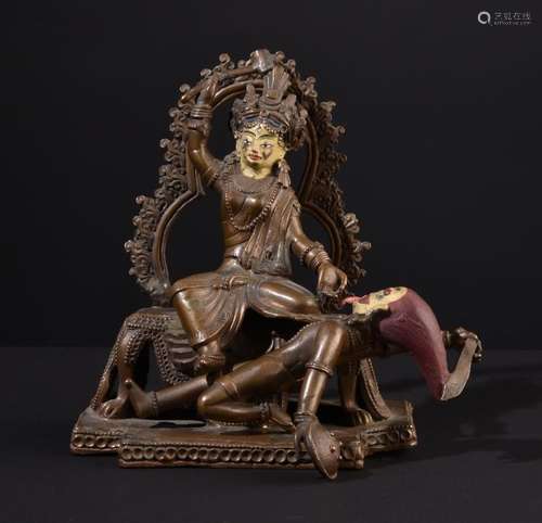 Durga defeats demon Mahishasura. Very rare, fine, old Nepalese copper statue.