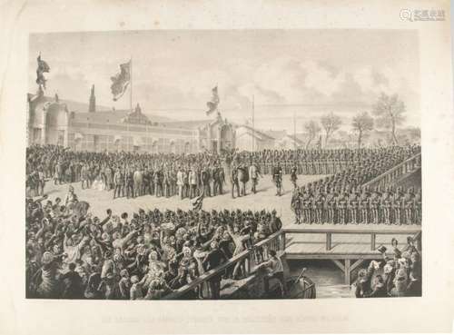 Die Parade der Düppel-Stürmer vor Sr. Majestät dem König Wilhelm. Kreide-Lithographie von F. Hartwich bei H. Hollstein. Berlin, um 1865. Blatt 72 x 56 cm, Bild 61 x 42 cm. Vgl. die vorgerh. Kat.Nr.