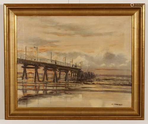 Pier at dusk. Painting by 'K. Hons'