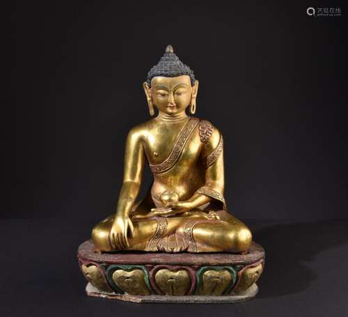 Buddha Shakyamuni. Old Tibetan or Chinese gilt bronze statue.