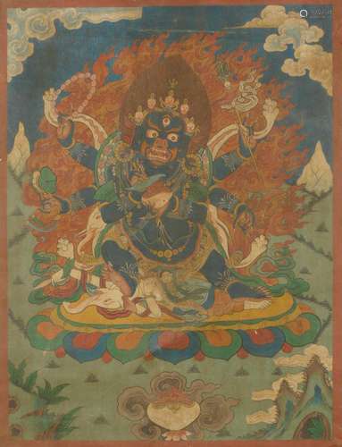 Shadbhuja Mahakala. Rare Tibetan or Chinese Buddhist thangka painting.