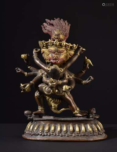 Vajrabhairava. Old, rare Tibetan Buddhist gilt copper statue.