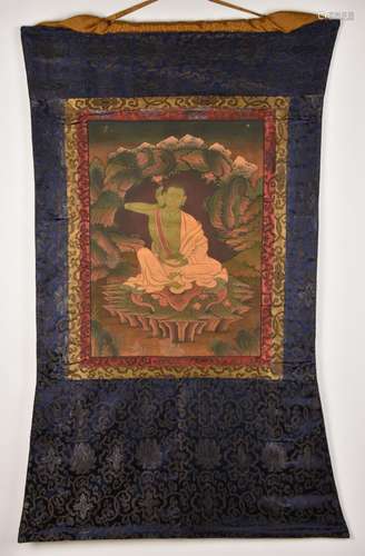 Milarepa. Fine Tibetan or Chinese Buddhist thangka painting.