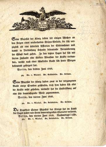 Tod Friedrich Wilhelm III. 5 Aushänge aus dem Juni 1840.