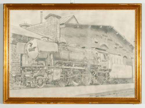 Pencil drawing. Big steam locomotive in front of train station.