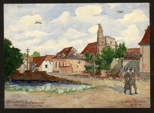 Flieger über der Somme. Gouache von Otto Deutsch,